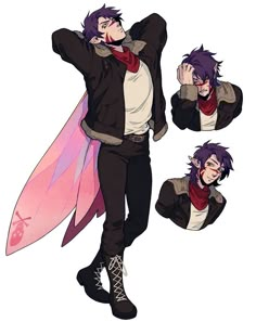 an anime character with purple hair and black pants, holding a surfboard in his hand