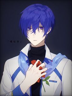 an anime character with blue hair holding a rose in his hand and looking at the camera