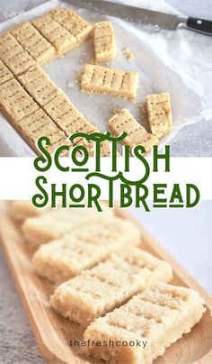 two pictures with the words scottish short bread on them and an image of cut up crackers