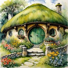 a watercolor painting of a hobbot house with flowers and plants around it