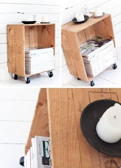 a wooden shelf with magazines and a candle on it next to a black plate filled with white candles