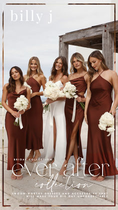 the bridesmaids are posing together in brown dresses for their wedding photo shoot at the beach