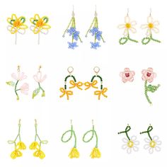 several pairs of earrings with flowers and beads hanging from the ends, all in different colors