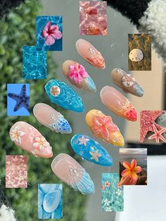 Shell 3d Nails, Tropic Nails, Summer Beachy Nails, Summer Nail 2024, Nails 3d Designs, Coconut Nails, Summer Nails Tropical, Sea Inspired Nails, 3d Summer Nails