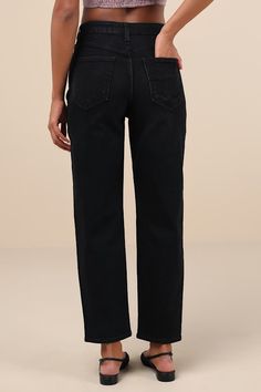 Let the Just Black Authentic Vibes Washed Black High-Rise Tapered Barrel Jeans show off your trend-setting style! Slightly stretchy, washed black denim shapes these effortless jeans with a high-waisted design, complete with belt loops, a five-pocket cut, and a hidden zip fly with a top button closure. The wide, barrel-inspired pant legs fall to tapered hems for an on-trend silhouette. Fit: This garment fits true to size. Length: Ankle length. Size 28 measures 26" from waist to hem. Inseam: 28.00 Classic High Rise Black Jeans, Trendy Black Straight Jeans, Black Straight Bottoms With Relaxed Fit, Black Straight Relaxed Fit Bottoms, Black Straight Leg Jeans For Work, Non-stretch Black Jeans, Black Straight Fit Bottoms For Fall, Versatile Black Jeans For Fall, Black Straight Leg Jeans For Spring