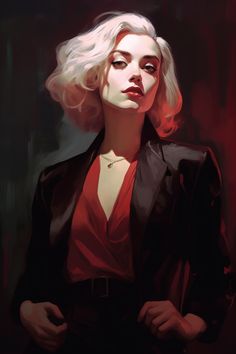 a painting of a woman with blonde hair wearing a red top and black jacket,