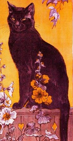 a painting of a black cat sitting on top of a box with flowers in it