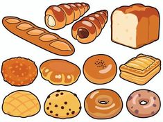 different types of breads and pastries are shown in this illustration, which is part of a series of illustrations