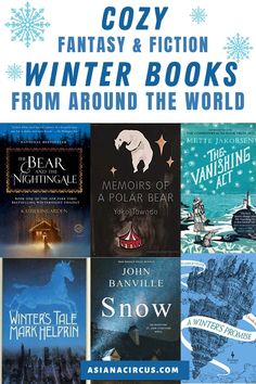 some books that are in front of the words cozy fantasy and fiction winter books from around the world