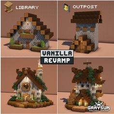 four different views of a small house made out of lego blocks with the words vanilla reamp on it