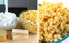 two pictures side by side, one with popcorn and the other with marshmallows