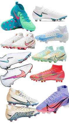 many different types of soccer shoes are shown in this image, including white and blue