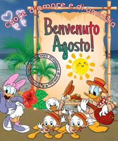 cartoon characters are standing in front of an advertisement for the movie berenuto agosto