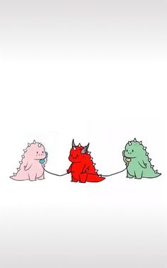 three little dinosaurs are pulling each other on a string with their tails in the air