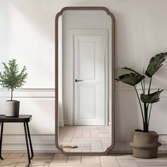 a large mirror sitting on top of a floor next to a potted plant