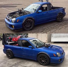 two pictures of a blue car with the hood open