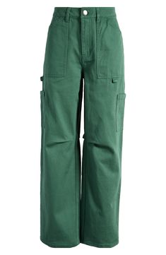 Fall for the silhouette of these casual-cool carpenter pants designed with wide legs. 29" inseam; 19" leg opening; 11 1/2" front rise; 14 1/2" back rise (size 29) 100% cotton Machine wash, line dry Imported Green Wide Leg Jeans With Belt Loops, Spring Full Length Cargo Work Pants, Utility Cargo Pants With Five Pockets For Spring, Spring Full Length Work Pants For Streetwear, Green Full-length Cargo Jeans With Patch Pockets, Spring Green Cargo Work Pants, Green Utility Wide Leg Pants With Pockets, Utility Green Wide Leg Pants With Pockets, Green Utility Style Wide Leg Pants With Pockets