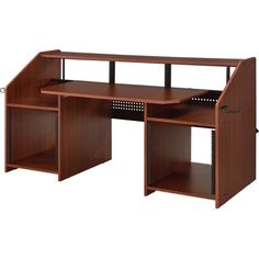 an office desk with two shelves and one shelf on the side, in mahogany wood