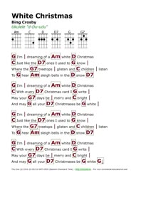 the white christmas guitar chords are arranged in red and green, with black letters on them