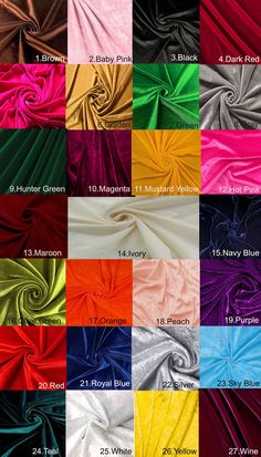 various colors of satin fabric with different sizes and widths in each color, including red, green, blue, yellow, pink, purple, orange