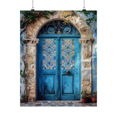 a blue door with vines on it