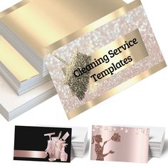 two business cards with gold foil and glitters on them, one is for cleaning service