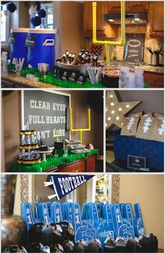 a collage of photos with different items on it and in the foreground is a football themed dessert table