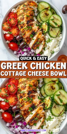 greek chicken cottage cheese bowl with cucumbers, tomatoes and onions in two bowls