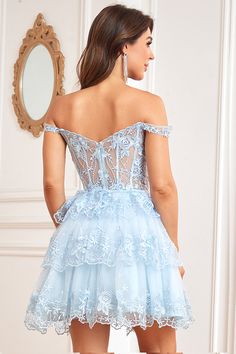 Details:  This Blue Off the Shoulder Corset Homecoming Dress combines elegant lace detailing with an off the shoulder design for a sophisticated and feminine look. The lace adds delicate texture while the off the shoulder style highlights the neck and collarbones. Perfect for a formal occasion or special event.   Features:    Silhouette: A-Line Style    Color: Blue,Pink,Dark Blue,Purple,White,Black  Length: Short Mini    Neckline: Off The Shoulder    Sleeves: Sleeveless    Back: Zipper     Embe Dark Blue Homecoming Dress, Casual Wedding Guest Dresses, Beach Wedding Guest Dress, Dance Ideas, Black Tie Wedding Guests, 11th Grade