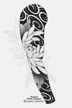 a black and white tattoo design with flowers on it