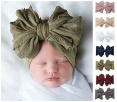 a baby wearing a bow headband in various colors