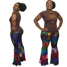 I am a sucker for 70"s chic. these beautiful hand tie dyed flare bell bottom pants got me all in my feelings. They will become one of your favorites too, the patches are sewn together and finished with outside seaming. I have also experimented and worn mine inside out for a different look, they are so cool. Our beautiful model is curvy, but pants will fit the slim ladies also. One size fits most. Since this s a Patchwork pants. each is UNIQUE because the tie dye patches s are sewn together rando Hippie Style Wide Leg Summer Flares, Hippie Wide Leg Flares For Summer, Hippie Wide Leg Summer Flares, Summer Hippie Wide Leg Flares, Summer Hippie Flares, Fitted Brown Hippie Bottoms, Multicolor Flare Cotton Bottoms, Multicolor Cotton Flare Bottoms, Hippie Cotton Flare Pants