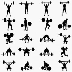 silhouettes of people doing different exercises with dumbbells and barbells on white background