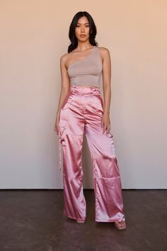 "Beautiful Satin Cargo Pants - adjustable waist strap - cargo pockets - inseam 32\" - high waisted imported from China" Silk Cargo Pants Outfit, Satin Set Outfit, Satin Cargo Pants Outfit, Pink Satin Pants, Satin Pants Outfit, Water Elemental, Outfit Rosa, Satin Cargo Pants, Lavender Pants