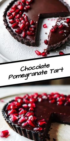 chocolate tart with pomegranate toppings on a white plate and in the background there is a slice missing