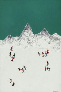 an aerial view of skiers skiing down a snow covered mountain slope with mountains in the background