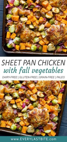 sheet pan chicken with fall vegetables and text overlay