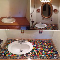 the bathroom is decorated with multicolored tiles and has a sink, mirror, and vanity