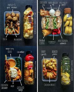 four pictures showing different types of food in containers and labeled with labels on the sides