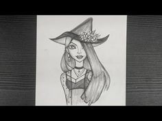 a drawing of a woman wearing a witches hat