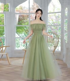 Green tulle long prom dress Simple evening dress · Little Cute · Online Store Powered by Storenvy Simple Quinceanera Dresses, Bridesmaid Dress Tulle, Off Shoulder Bridesmaid, Off Shoulder Bridesmaid Dress, Simple Evening Dress, Plisse Dress, Prom Dresses Simple, Formal Bridesmaids Dresses, Green Tulle