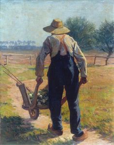 a painting of a man with a wheelbarrow