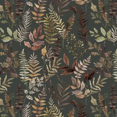 an image of leaves and plants on a dark green background for wallpaper or fabric