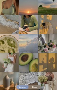 a collage of photos with the sun setting in the background and an avocado