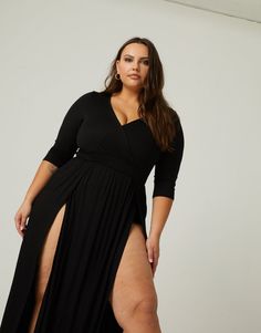 Need something a bit dressier to wear to your next date night or night out? Well, we've got you covered (sort of!) with our new Curve Sultry Double Slit Dress! This dress is super flirty and sassy, with 3/4 length sleeves, a deep v-neck, and two long leg slits. And don't worry, it has a built-in bodysuit for full coverage! The neckline just begs to display some layered jewelry and the leg slits are ready to show off your long legs in your favorite strappy heels. Model in black and burgundy is 5' Thigh Split Dress, Split Dress Thigh, Cowgirl Dresses, Split Dress, Plus Size Maxi, Dress Measurements, Layered Jewelry, Plus Size Maxi Dresses, Plus Dresses