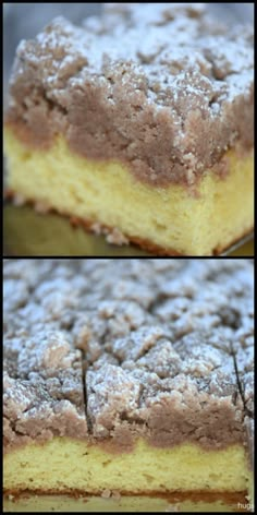 two pictures of a cake with powdered sugar on top