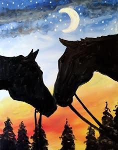 two horses kissing each other in front of a night sky