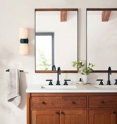 a bathroom vanity with two mirrors above it and a plant on the counter top next to it