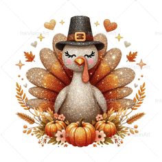 a thanksgiving turkey with a pilgrim hat on it's head, surrounded by leaves and pumpkins