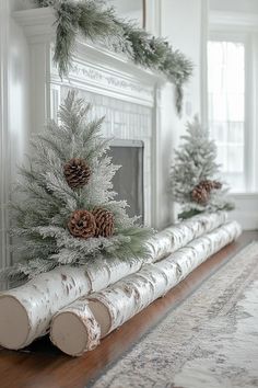 a fireplace mantel decorated with pine cones and branches